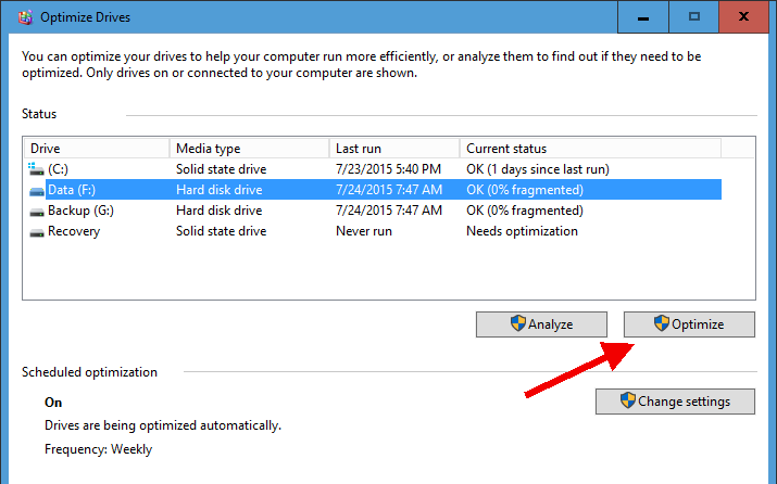Optimization drives menu at Windows