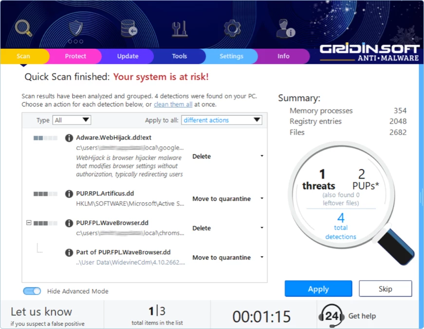 GridinSoft Anti-Malware scan results with detected threats