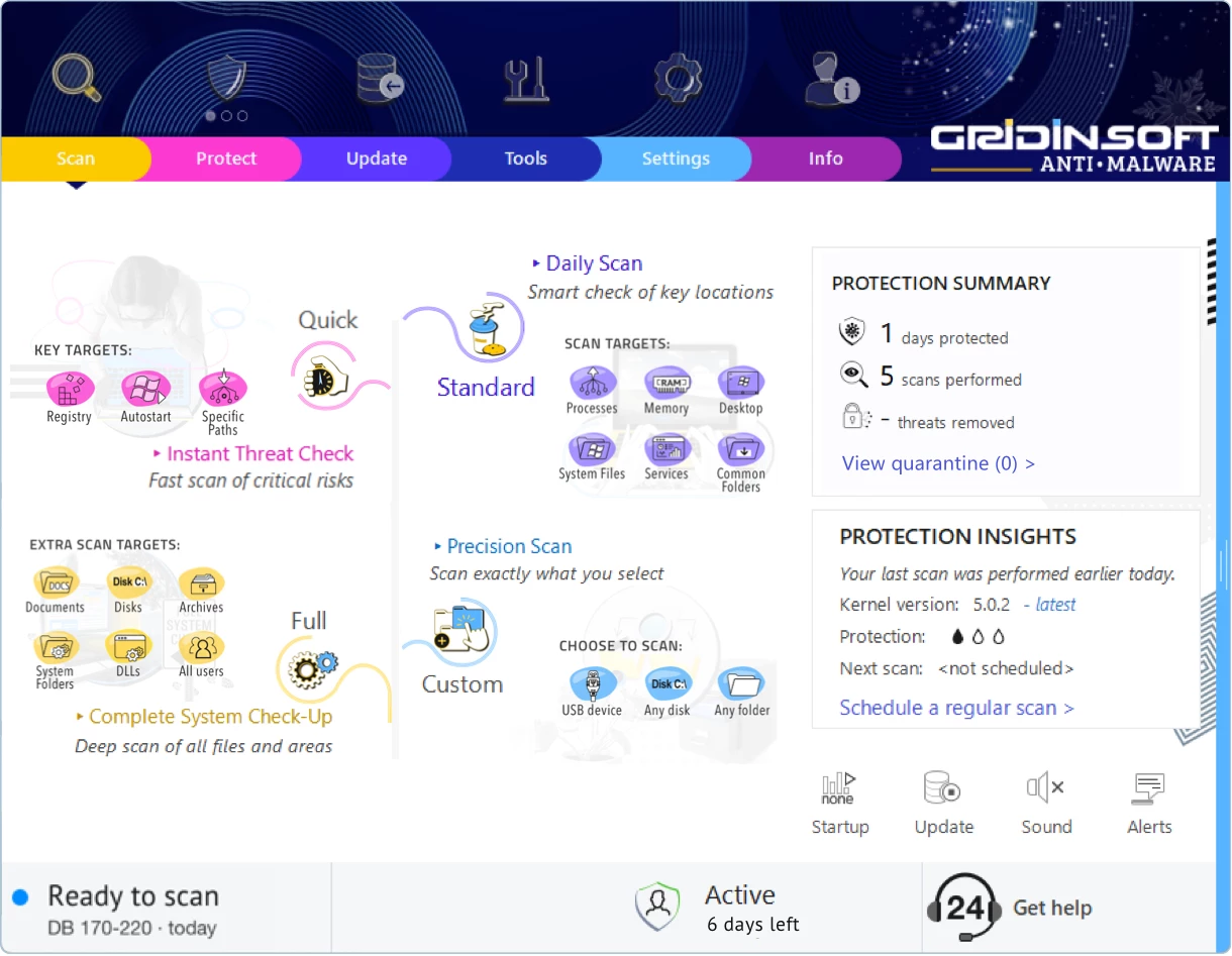 GridinSoft Anti-Malware scan tab with scan options