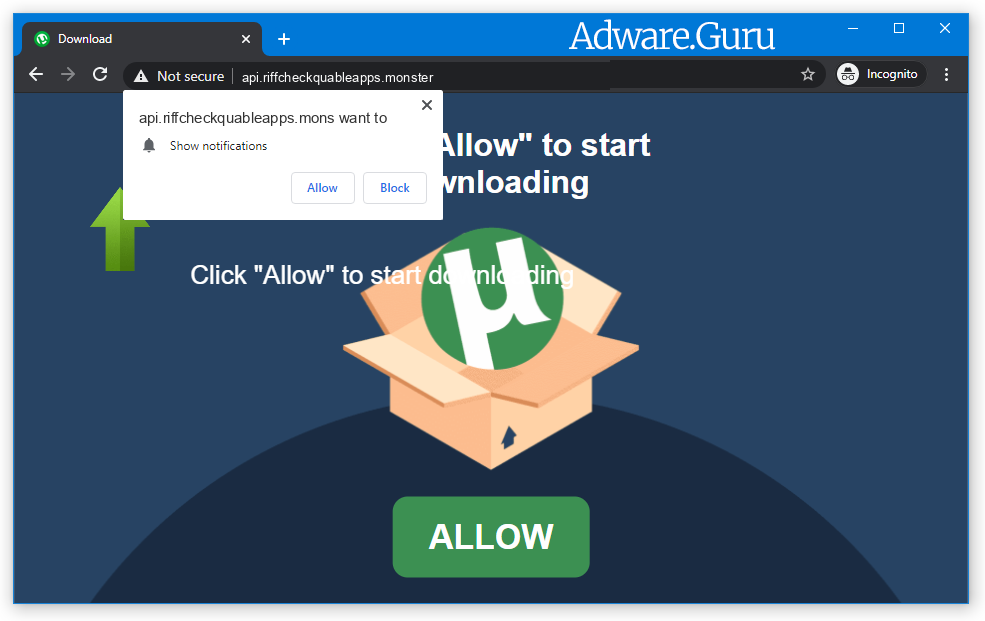 Chrome browser is redirected to Api.riffcheckquableapps.monster
