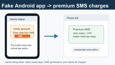 Illustration of a fake Android app leading to premium SMS phone bill charges