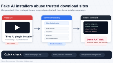Illustration of a fake AI installer distribution chain leading to a Deno RAT warning