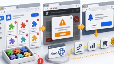 Illustration of fake browser extensions leading to .shop lures, notification permission, and affiliate tracking