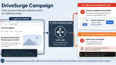 DriveSurge campaign routing visitors from trusted sites to fake browser updates and ClickFix lures