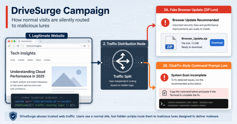 DriveSurge Hijacks Sites for Fake Browser Updates and ClickFix Lures