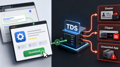 Fake download page routing a clicked Download button through a hidden TDS to stealer, clipper, and unwanted app payloads