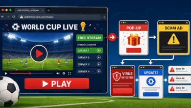 Illustration of a fake World Cup streaming page leading to pop-ups, fake updates, and scam ads