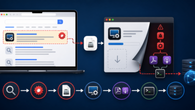Illustration of a macOS malvertising chain from sponsored search ad to fake app download and FlutterShell payload