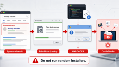 Illustration of a sponsored search result leading to a fake Node.js installer, OXLOADER, and CastleStealer