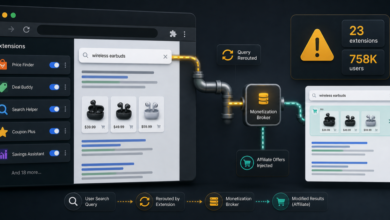 Illustration of Chrome extensions routing search queries through a monetization broker