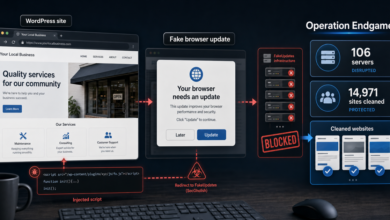 Illustration of a compromised WordPress site leading to a fake browser update prompt and Operation Endgame disruption