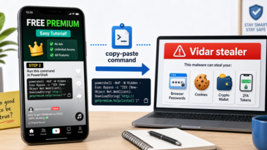 Illustration of a short social video leading to a PowerShell command and Vidar stealer warning