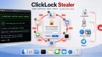 ClickLock Mac stealer fake CAPTCHA Terminal command and password prompt