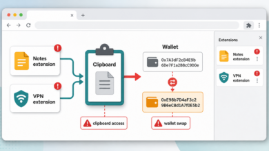 Illustration of browser extensions accessing the clipboard and swapping a wallet address