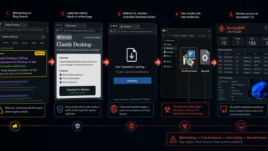 Diagram of Bing ads leading to a Claude Artifact, fake ClaudeDesktop.exe, libcef.dll, and SectopRAT