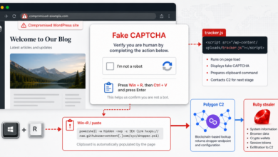 Illustration of a compromised WordPress site showing a fake CAPTCHA that leads to JokerStat, Polygon C2, and a Ruby stealer