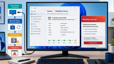 Illustration of Windows installing LG Monitor App Installer through Microsoft Store and showing a McAfee trial pop-up