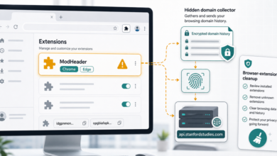 ModHeader browser extension warning with hidden domain collector flow