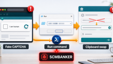 SCMBANKER fake CAPTCHA Run command and clipboard swap flow
