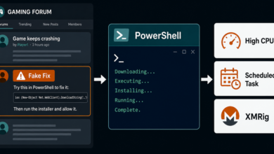 Fake gaming forum fix leading to PowerShell, XMRig, high CPU usage, and a scheduled task