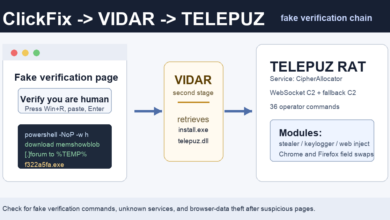 Diagram of a fake verification page leading to VIDAR and TELEPUZ malware on Windows